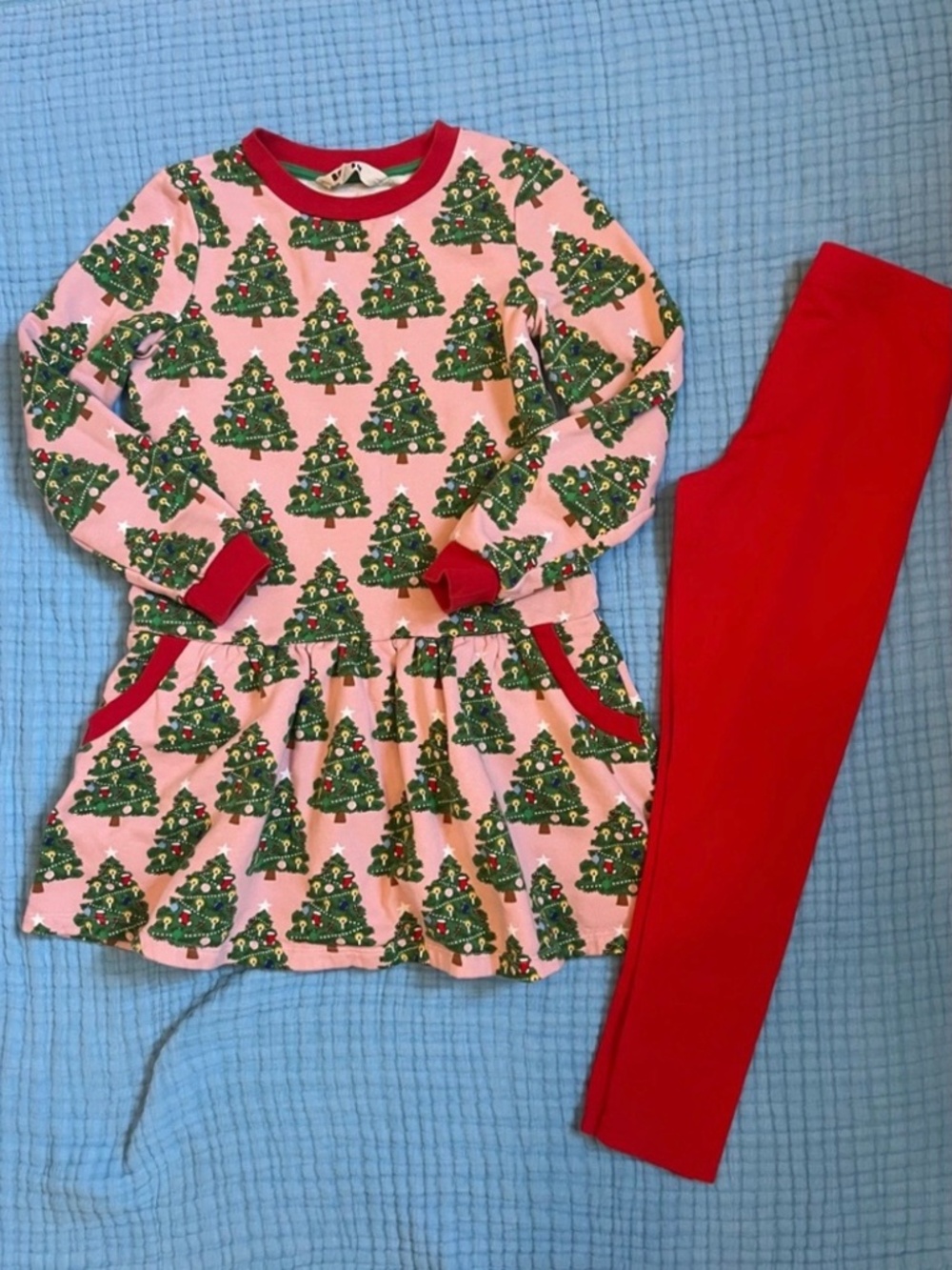 Mini Boden Girls Christmas Tree Pink Fleece Sweatshirt Dress & Red Leggings